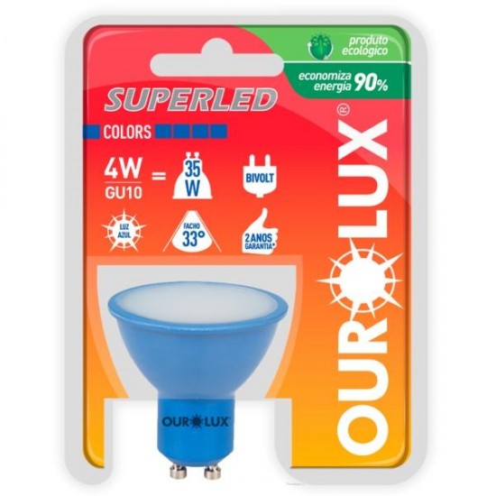 LAMP.DICROICA LED OUROLUX GU10 MR16 4,0W AZUL PC 1