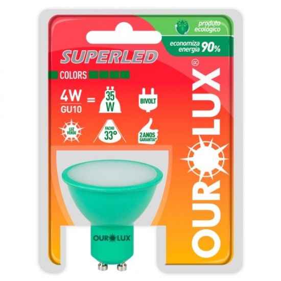 LAMP.DICROICA LED OUROLUX GU10 MR16 4,0W VERDE PC 1